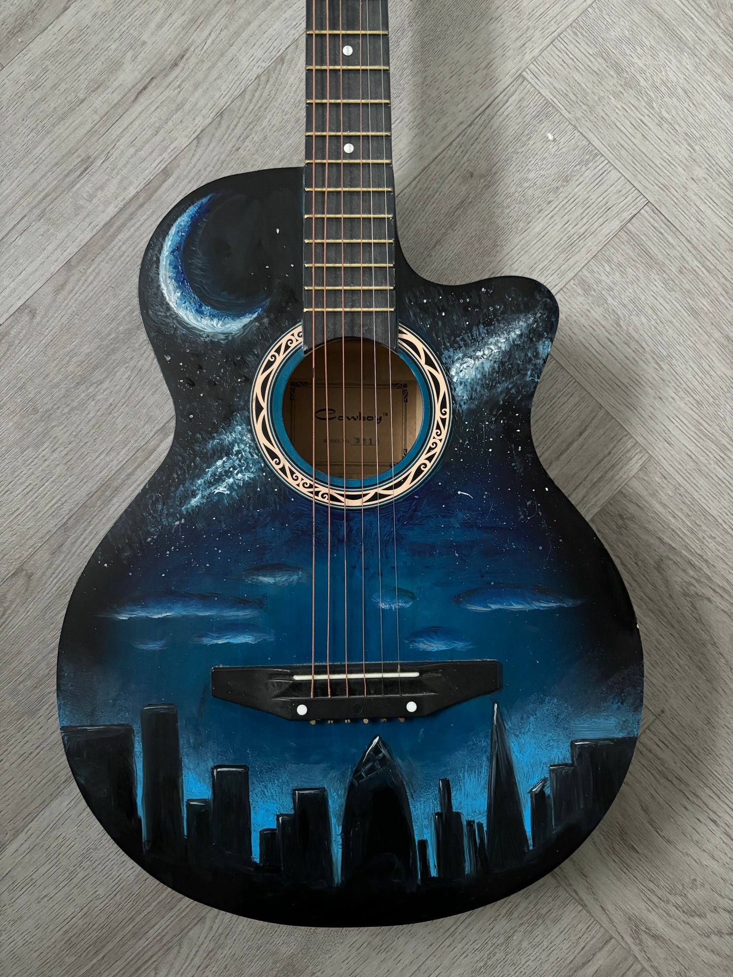 City Night Sky Painted Blue Guitar