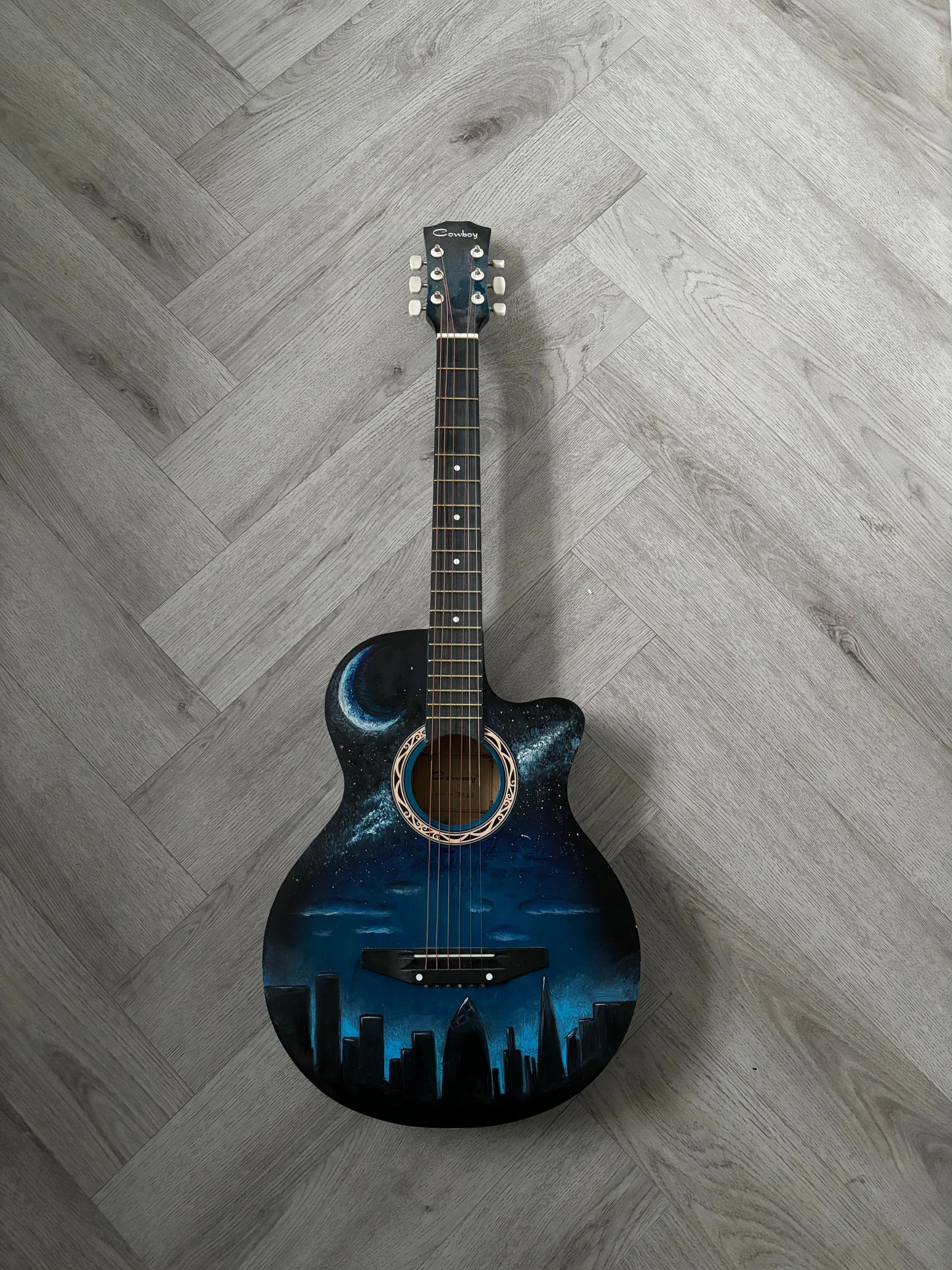 City Night Sky Painted Blue Guitar