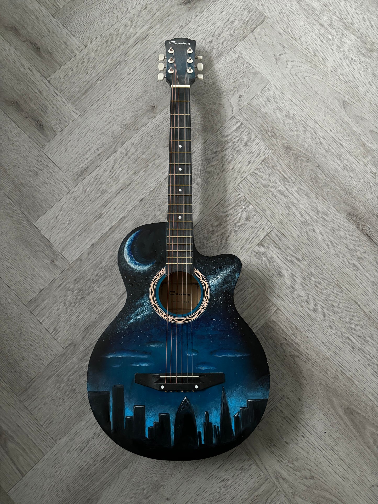 City Night Sky Painted Blue Guitar