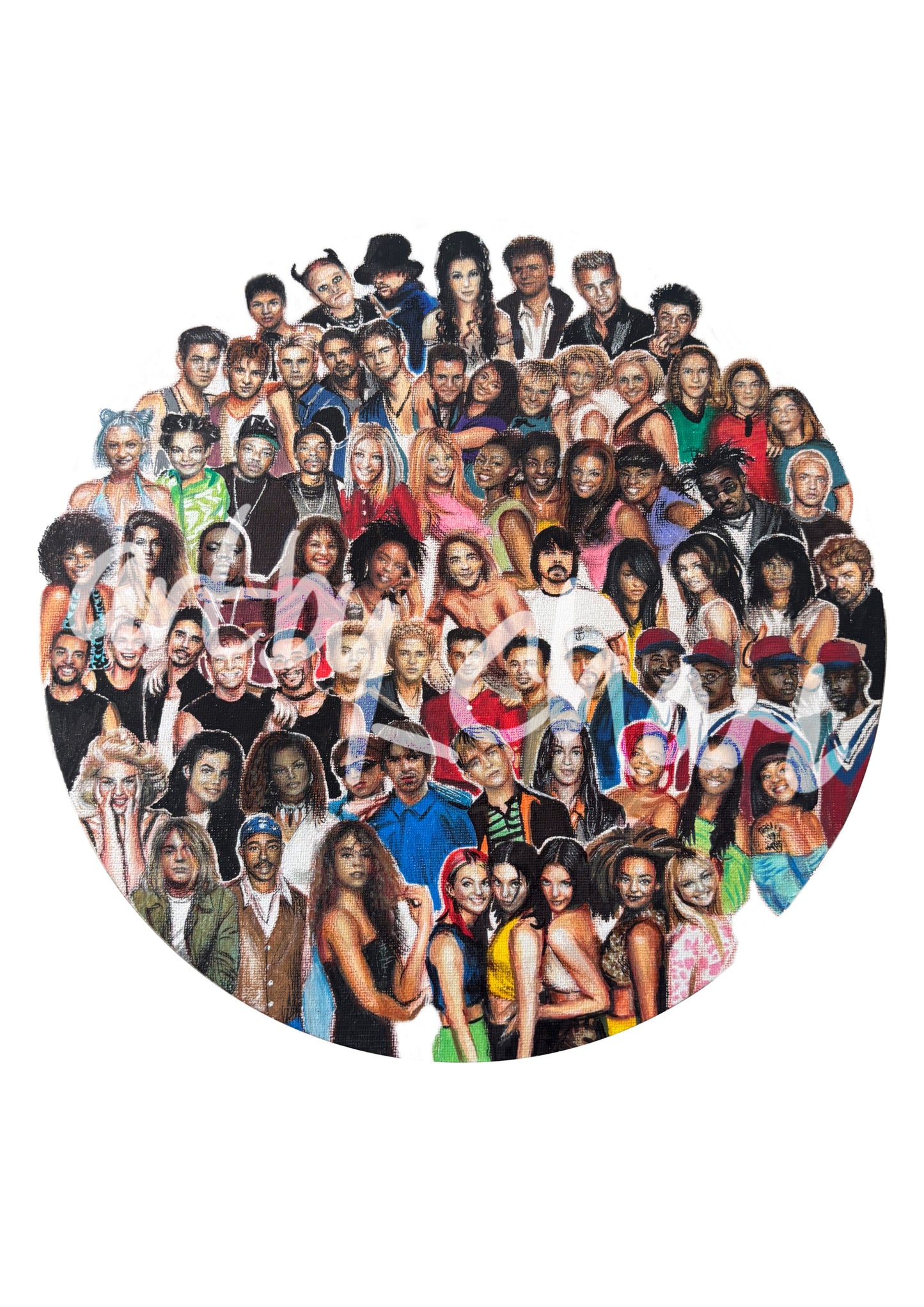 90s Music Icons Original Circular Canvas Drawing