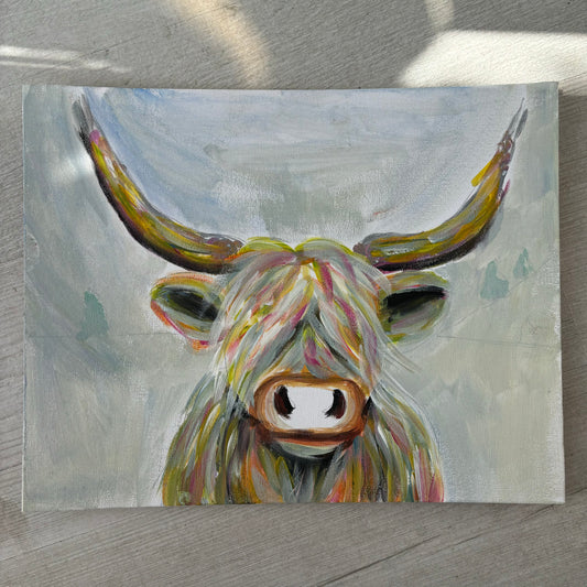 Rainbow Highland Cow Canvas Board Painting